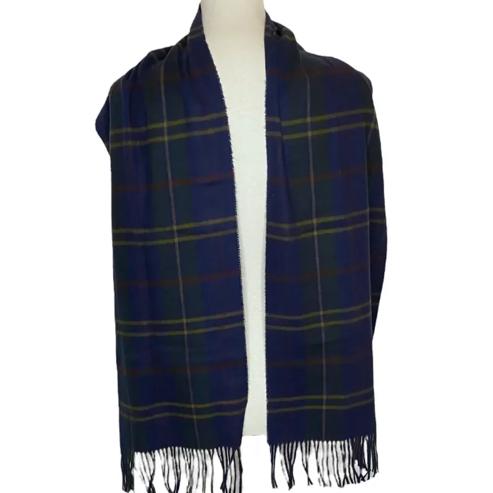 Geoffrey Beene Plaid Cashme 100% Acrylic Scarf Blue Fringe One Size Italy Unisex
